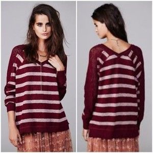 We The Free Fluffy Swit Pullover Maroon Striped Oversized Slouchy Sweater Size M